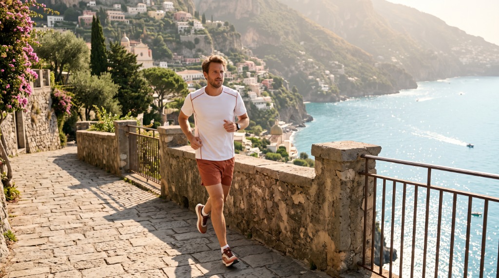 Uomo che corre lungo il litorale al mattino